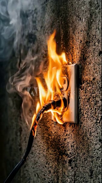 Close-up vertical photo of a dangerous electrical fire burning an overloaded power outlet and plug on a concrete wall, emitting smoke.