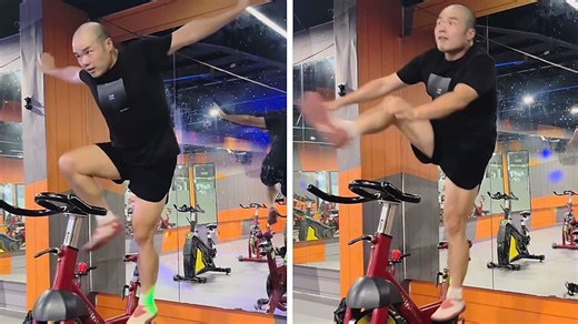 Flying fitness fanatic! Enthusiastic spin class instructor shows off his moves