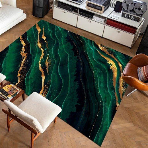 Green Marble Themed Rug, Emerald Colour Area Rug, Gold Detailed Abstract Design Carpet - Etsy
