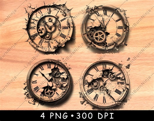 Broken Roman Numeral Clock PNG | Steampunk Gear Clock Laser Engraving File | Vintage Clock Wall Art for Wood Coasters & Decor - Etsy