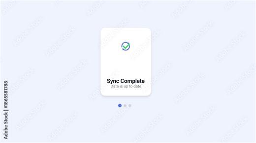 Minimal flat illustration of a mobile app screen showing sync complete with a checkmark icon. Suitable for successful synchronization, cloud updates, data transfer completion, and modern UI or UX desi