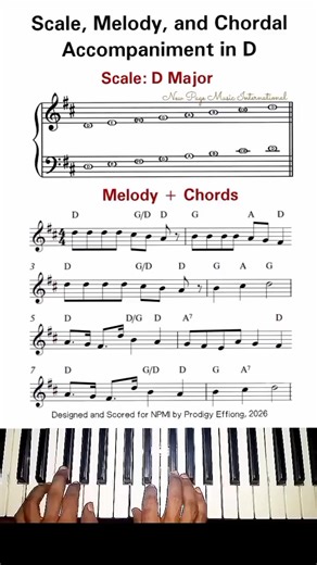 ‎🎼 Scale, Melody and Chordal Accompaniment in D 🎵 ‎ ‎The journey into the kingdom of keyboard music begins with scales, followed by melodies, intervals and chords. Generally, we derive harmony from chords. ‎ ‎On this lesson, I will be playing the D major scale and a melody on it, and, of course, accompany the melody with chords. ‎ ‎On the keyboard, the scale of D major is made up of the notes: D E F# G A B C# D'. If you want to play it, the finger pattern for the right hand is 12312345. For th