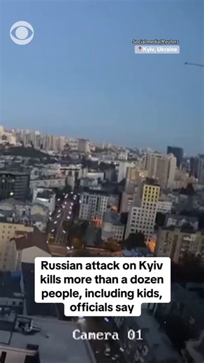 A massive Russian drone and missile attack hit Ukraine's capital early Thursday, including a rare strike in the center of the city, killing at least 15 people including four children, a city official said. Video shows multiple strikes hitting buildings in Kyiv. It was the first major Russian combined attack on Kyiv in weeks, and it comes as U.S.-led peace efforts to end the three-year war struggle to gain traction. "The Russians are not choosing to end the war, only new strikes... It is crucial 