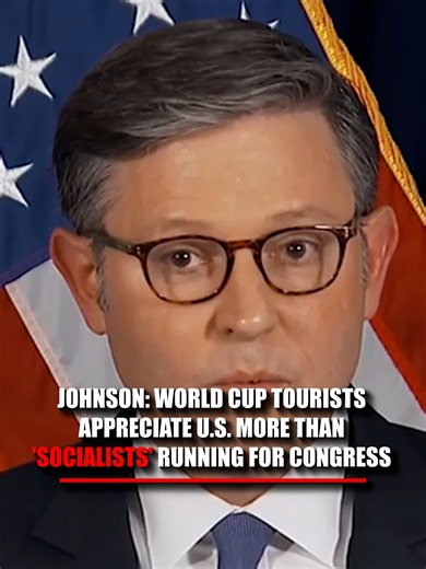 Speaker Mike Johnson says the World Cup is creating an ironic split screen across America, as fans from around the world appreciate the U.S.