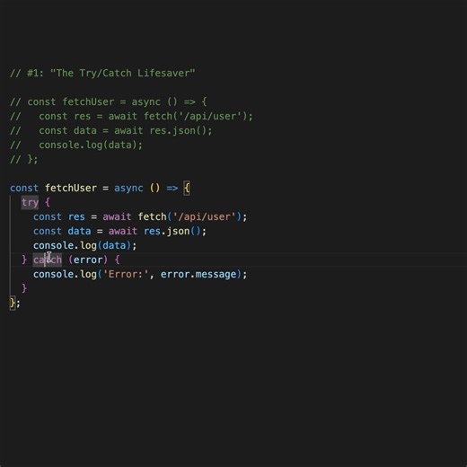 Your async/await code is crashing? Here's the ONE thing you need to add! ✅ Always wrap your await statements in try/catch blocks to handle errors gracefully. This keeps your app running smoothly even when network requests fail. 🔥 Part of my Zero to Advanced JavaScript Course #javascript #coding #programming #webdevelopment #asyncawait #errorhandling #learntocode #javascripttutorial #webdev #codinglife #developer #frontenddeveloper #100daysofcode #codingtips | Fullstack Flow