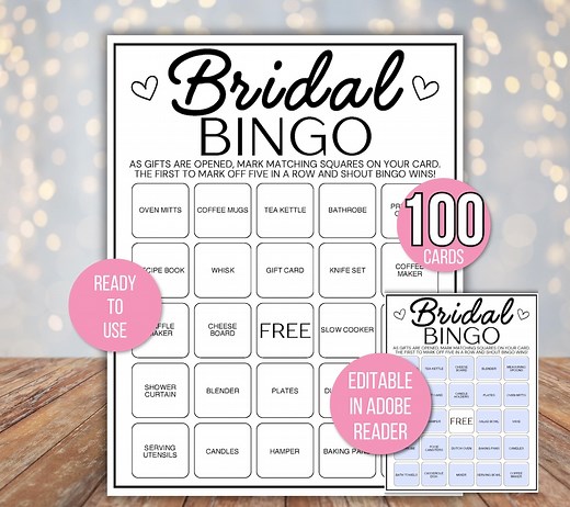 100 Bridal Bingo Cards, Prefilled Bridal Bingo Game, Bridal Gift Bingo Cards, Editable Bridal Shower Bingo Game, Wedding Bingo, Bridal Games - Etsy