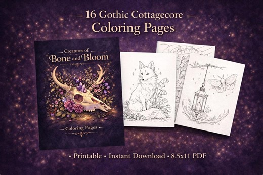 Printable Adult Coloring Pages – Gothic Cottagecore Fantasy Coloring Book – Creatures of Bone and Bloom - Etsy