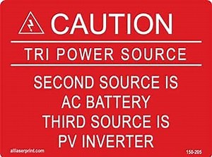 Photovoltaic Labels for PV Solar System_Caution_TRI Power Source_Second Source is AC Battery Third Source is PV Inverter_ _3" x 4" _Pack of 6
