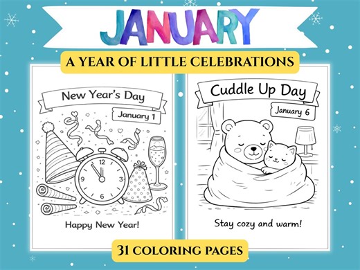 January Holiday Celebration Coloring Pages: 31 Holiday-themed Printables for Each Day of the Month (PDF Download) - Etsy