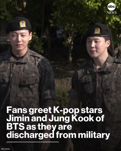 BTS Army: at ease. Hundreds of fans gathered to catch a glimpse of K-pop superstars Jimin and Jung Kook, the latest and final members of BTS to be discharged from South Korea’s mandatory military service. Read more: https://abcnews.link/dXMHV6r | ABC News