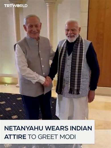 Israeli Prime Minister Benjamin Netanyahu wore Indian attire before a dinner with Indian Prime Minister Narendra Modi, who is on a two-day visit to Israel.