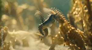 . Seahorse gracefully gliding through the seaweed in shallow waters