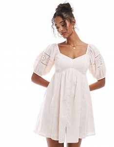 New Look embroidered button through mini dress in pink | ASOS