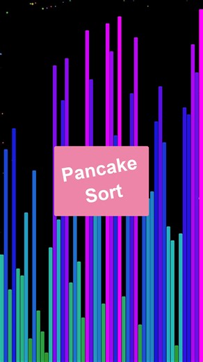 Bip Bop Bip Boop Algorithmic Sorting on Instagram: "Pancake Sort visualized in blue-to-purple gradient — watch this unique O(n²) algorithm sort by flipping prefixes of the array, mimicking the action of flipping pancakes with a spatula. This creative algorithm repeatedly finds the largest unsorted element and uses two flips to move it to its correct position. See gradient elements flip from blue to purple as the algorithm works from largest to smallest values. With its unconventional flip-based 