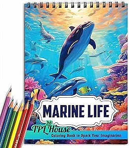TPLHOUSE Marine Life Coloring Book Spiral Bound for Teens Adults, Premium Cover, 30 Marine Life Coloring Pages for Stress Relief and Relaxation