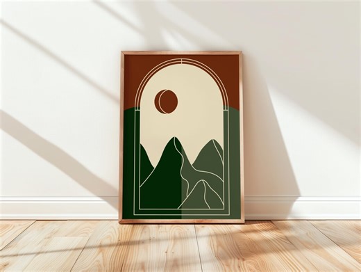 Mid Century Modern Wall Art Printable, Retro Abstract Landscape, Geometric Sun Mountain Print, Bold Earth Tone Decor, Minimal Poster - Etsy