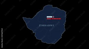 Zimbabwe blue map with Harare capital city and geographic coordinates on black background. Motion graphic Vfx