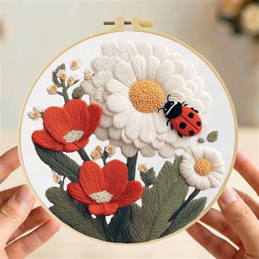 Flowers and Ladybug Embroidery Kit – Complete Beginner-friendly Needlepoint Craft Set - Etsy