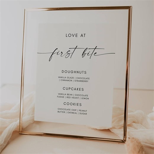 Wedding Dessert Menu Sign, Love at First Bite Printable, Minimalist Dessert Table Sign, Modern Wedding Sweets Sign, Editable Canva Template - Etsy