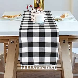 ShinyBeauty Buffalo Plaid Table Runner Black and White 13''x72'' Buffalo Check Table Runner Tassel Runner Checkered Table Cover Classic Gingham Tabletop Farmhouse Table Runner for Christmas Gatherings