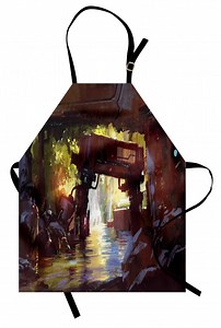 Industrial Apron Watercolor Artwork Futuristic Forest Old Machine in Deep in the Woods Waterfall, Unisex Kitchen Bib Apron with Adjustable Neck for Cooking Baking Gardening, Multicolor, by Ambesonne