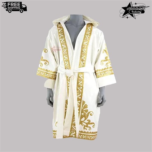 White Gold Boxing Robe Hooded Ring Walk Fighter Entrance Wear - Etsy