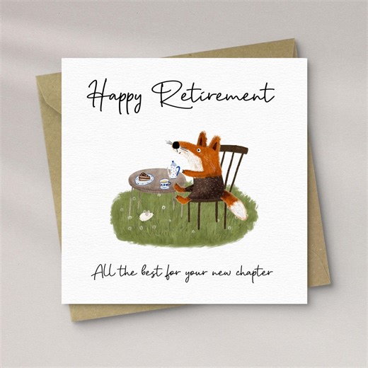 Woodland Retirement Card With Fox | Happy Retirement Tea Cup Greeting | All the Best for Your New Chapter | Cute Animal Retirement Card - Etsy