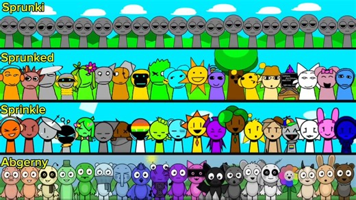 Sprunki vs Sprunked vs Sprinkle vs Sprunki Abgerny在Increbox Sprunki中 - 所有角色在一起
