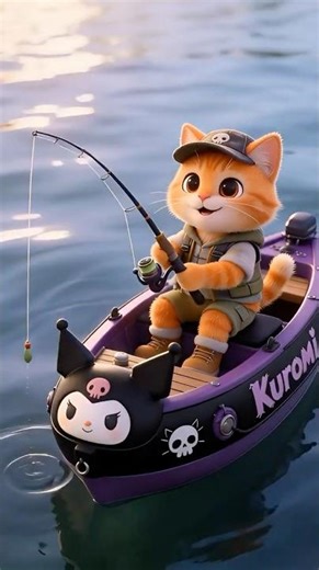 Cute Orange Cat Fishing on Sanrio Boat 🎣🐱 | Kuromi, Hello Kitty & Friends #cute #shorts