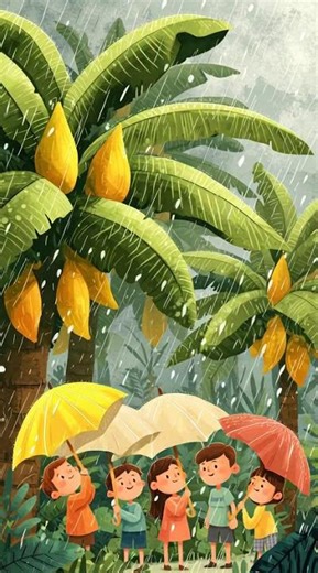 cartoon style monsoon day with kids holding banana leaf || #kidsanimation #quotes #fairytalesstory