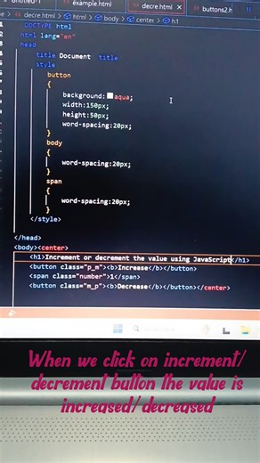 Increment and decrement buttons using HTML ,CSS and JavaScript#html #css #javascript #basics #shorts