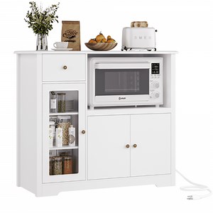 Homfa Microwave Cabinet with Charging Station, Kitchen Pantry Cabinet Sideboard with Adjustable Shelves and Drawer for Dining Room, White