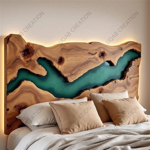 Handmade King Size Live Edge Headboard: Natural Wood & Green Epoxy Resin - Etsy