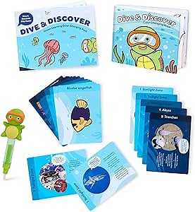 Battat Education – Ocean Learning Color Changing Book Set with 20 Fact Cards & Turtle Finger Puppet – Educational Bath Toy for Toddlers