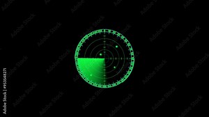 Radar Scanning loop. Radar screen animation. Signal transmitted sonar radar. Looped animation radar icon on a transparent background. Animated radar Hud. Alpha channel
