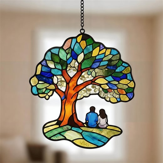 Faux Stained Glass Tree of Life Suncatcher, Handmade Couple Under the Tree Window Hanging Decor - Etsy