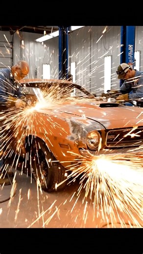 Two technicians battle rust and decay with angle grinders and spray guns—sparks fly as a neglected Dodge Challenger is reborn. Watch the full journey: 🔥 Field-to-shop rescue → dual grinding → primer → glossy orange black stripes → chrome wheels & Hemi badge reveal. This isn’t just paint—it’s purpose. A true American muscle icon, restored with respect, skill, and fire. Perfect for fans of: ✅ Real-world restoration ✅ High-energy craftsmanship ✅ Iconic Hemi builds #DodgeChallenger #Hemi #ClassicCa