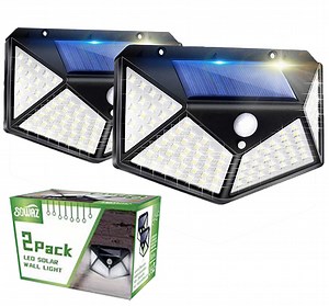 100 Led Solar Motion Sensor Lights Outdoor, SOWAZ Wireless Weatherproof Solar Powered Lights for Steps Yard Garage Porch Patio, IP65 Waterproof with Wide Angle (2 Pack)