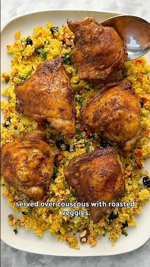 Making crispy chicken thighs and couscous with Moroccan flavours
