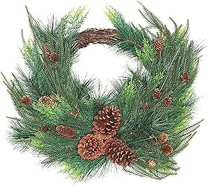 National Tree Company Artificial Mixed Bristle Branch Pine Christmas Wreath, Decorated with Woven Branch Base, Light Green Cypress Tips and Pinecones, 26 in