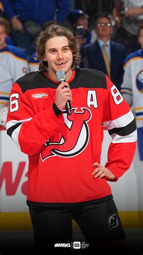 Jack Hughes gets emotional addressing the crowd at The Rock - thanking fans for their support and his pride in playing for the Devils. | MSG Networks