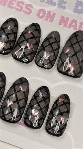 Fluffy Haze Designs on Instagram: "Fishnet Stocking Press-on Nails! These sexy glossy nails feature a netting pattern and adorable chrome hearts 💕 #valentinesdaynails #pressonnails #fishnetstockings #nailsinspo #nailart"