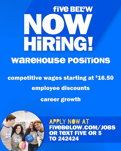 five below’s warehouses are now hiring with competitive wages starting at $16.50/hour! learn more below & apply online now! | Five Below