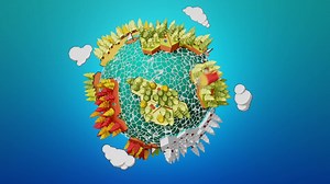 Cute cartoon 3D animation of an airplane circling the world.