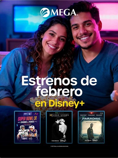 🍿¡No te pierdas los estrenos de febrero en Disney ! 🏈 “Super Bowl”, 🤐 “Paradise” y ❤️‍🩹 “Love Story: John F. Kennedy Jr. y Carolyn Bessette”. Contrata tu paquete de MEGA con Disney incluido en mega.mx