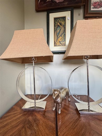Pair of Modern Nickel Table Lamps With Burlap Shades 1975 - Etsy