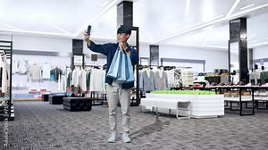 Full View Of An Asian Shopping Man With Shopping Bags Holding Mobile Phone Taking Photo And Smiling While Standing In Clothing Store
