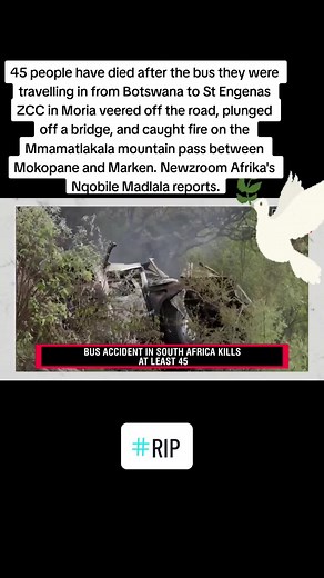 45 people have died after the bus they were travelling in from Botswana to St Engenas ZCC in Moria veered off the road, plunged off a bridge, and caught fire on the Mmamatlakala mountain pass between Mokopane and Marken. Newzroom Afrika's Nqobile Madlala reports. Watch: tinyurl.com/ucm5ekwc #Newzroom405 #zcc #botswana🇧🇼tiktok
