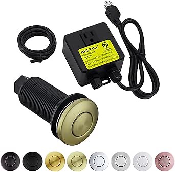 BESTILL Garbage Disposal Air Switch Kit - UL Listed, Anti-Fingerprint Brushed Gold 3.6" Long Sink Top On/Off Push Button for Waste Disposer, Brass Made Cover, Compatible with all Garbage Disposals