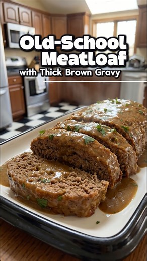 🍖 Old-School Meatloaf with Thick Brown Gravy (Classic Comfort Food • Country Kitchen Style • Better Than Takeout) This is real old-school meatloaf — tender, sliceable, and packed with flavor, then smothered in thick brown gravy made from pan drippings the way it was always done. No ketchup glaze stealing the show here. This is gravy-forward, stick-to-your-ribs comfort food that filled plates and kept families full. Simple. Honest. Timeless. ⏱️ Recipe Details Prep Time: 15 minutes Cook Time: 60 